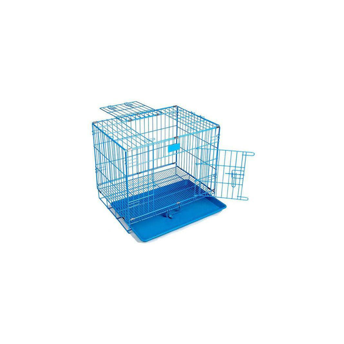 Foldable metal pet animal cage with movable cleaning drawer-two inlets-blue