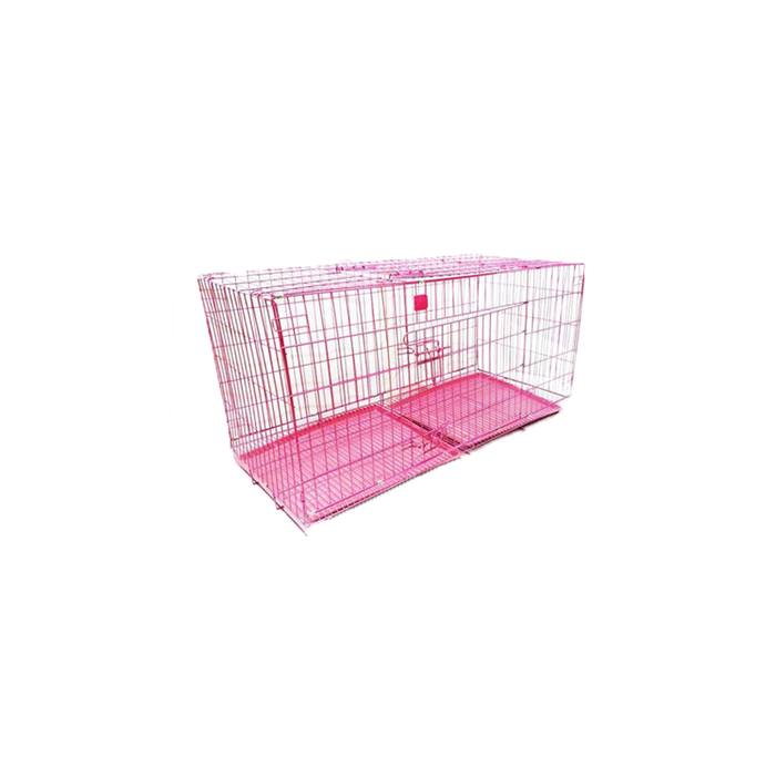 Foldable metal pet animal cage with movable cleaning drawer-two inlets-rose