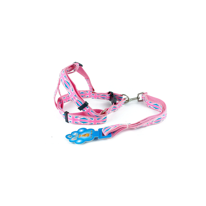 pink leash and harness patterned Bm 09 M (2.5 cm × 120 cm × 50-65 cm)